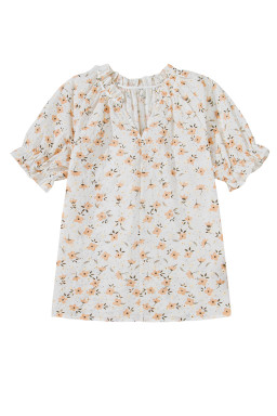 Khaki Eyelet Notch V Neck Puff Sleeve Floral Blouse