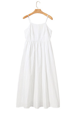 Beige Stripe Spaghetti Strap Pocketed High Waist Maxi Dress