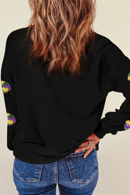 Black Sequin Donuts Graphic Mardi Gras Drop Shoulder Sweatshirt