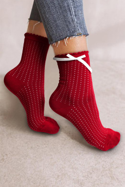 Racing Red Bow Decor Dotted Cotton Crew Socks