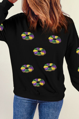 Black Sequin Donuts Graphic Mardi Gras Drop Shoulder Sweatshirt
