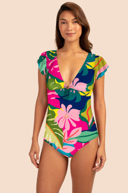 Green Tropical Print V Neck Tied Backless One Piece Swimsuit