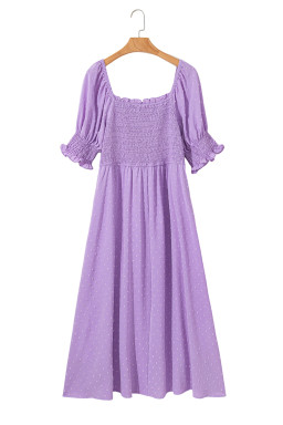 Wisteria Swiss Dot Smocked Frill Square Neck Plus Size Dress