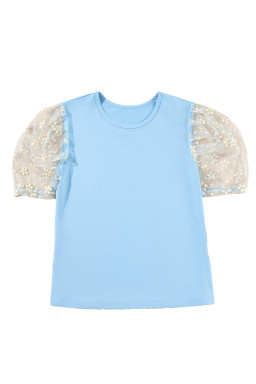 Beau Blue Flower Mesh Sleeve Slim Fit Blouse