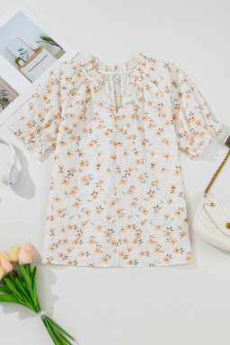 Khaki Eyelet Notch V Neck Puff Sleeve Floral Blouse