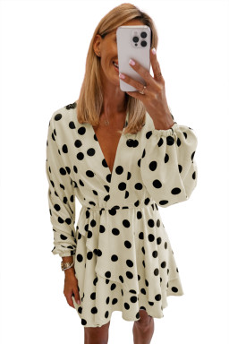 Beige Polka Dot Print Surplice V Neck Puff Sleeve Mini Dress