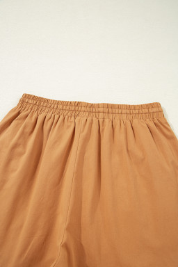 Khaki Embroidered Tassel Tie Elastic Waist Shorts