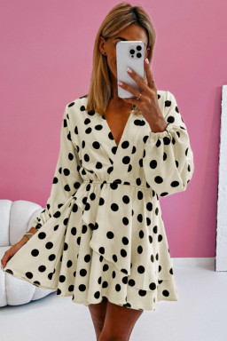Beige Polka Dot Print Surplice V Neck Puff Sleeve Mini Dress