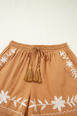 Khaki Embroidered Tassel Tie Elastic Waist Shorts