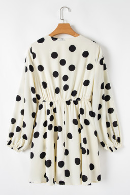 Beige Polka Dot Print Surplice V Neck Puff Sleeve Mini Dress