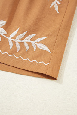 Khaki Embroidered Tassel Tie Elastic Waist Shorts