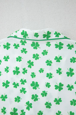 Green St Patricks Day Clover Print Shirt and Ruffle Hem Shorts Pajama Set