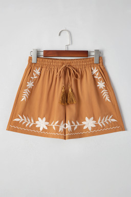Khaki Embroidered Tassel Tie Elastic Waist Shorts