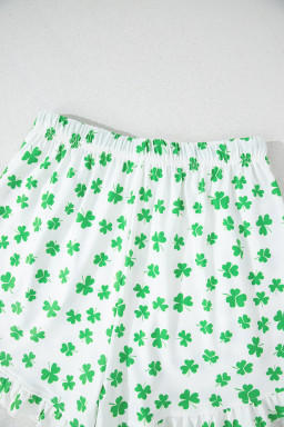 Green St Patricks Day Clover Print Shirt and Ruffle Hem Shorts Pajama Set