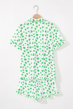 Green St Patricks Day Clover Print Shirt and Ruffle Hem Shorts Pajama Set