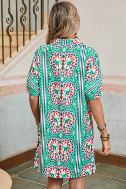 Mint Green Boho Abstract Print Pop of Color Neckline Dress