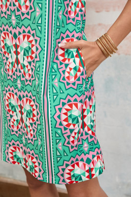 Mint Green Boho Abstract Print Pop of Color Neckline Dress