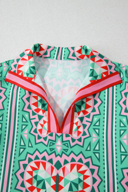 Mint Green Boho Abstract Print Pop of Color Neckline Dress