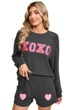 Carbon Grey XOXO Heart Patched Pattern Long Sleeve Corded Shorts Set