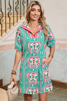 Mint Green Boho Abstract Print Pop of Color Neckline Dress