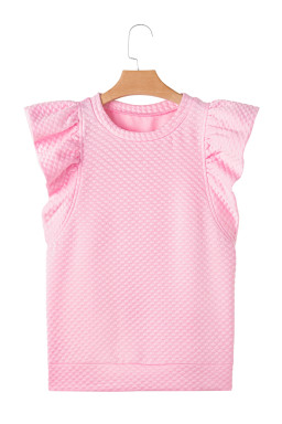 Pink Solid Color Textured Ruffle Sleeve Blouse