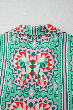 Mint Green Boho Abstract Print Pop of Color Neckline Dress