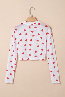 White Heart Print Mesh Long Sleeve Top