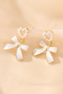 Gold Pearl Heart Shape Bow Knot Dangle Earrings