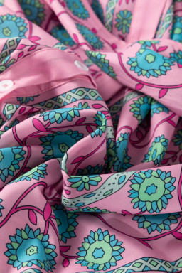 Pink Boho Floral Shirred Short Sleeve Belted Dress