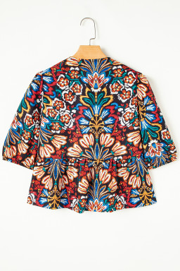 Black Bohemian Tropical Print Front Tie V-Neck Bubble Sleeve Blouse