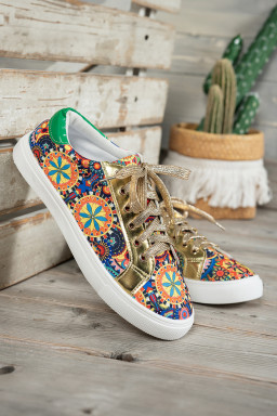 Gold Boho Ethnic Print Lace Up Sneakers