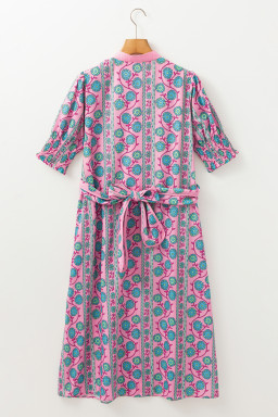 Pink Boho Floral Shirred Short Sleeve Belted Dress