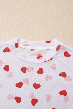 White Heart Print Mesh Long Sleeve Top