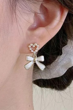 Gold Pearl Heart Shape Bow Knot Dangle Earrings
