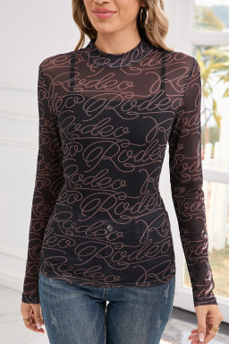 Black Letter Print Mock Neck Long Sleeve Mesh Top