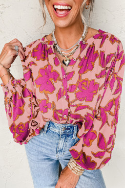 Pink Floral Print Batwing Sleeve Button Loose Fit Blouse
