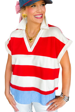 Red Stripe Colorblock Patchwork Short Sleeve Collar Top