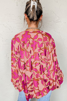 Pink Floral Print Batwing Sleeve Button Loose Fit Blouse