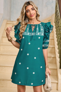 Skobeloff Boho Floral Puff Sleeve Tie Neck Mini Dress