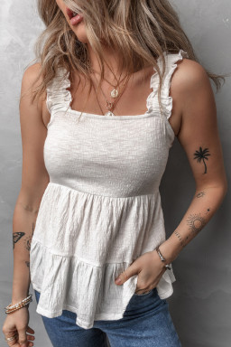 White Crinkled Ruffled Straps Peplum Babydoll Sleeveless Top