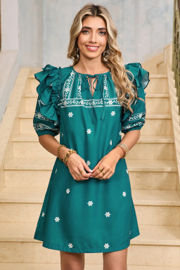 Skobeloff Boho Floral Puff Sleeve Tie Neck Mini Dress