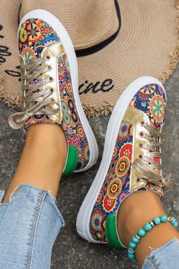 Gold Boho Ethnic Print Lace Up Sneakers