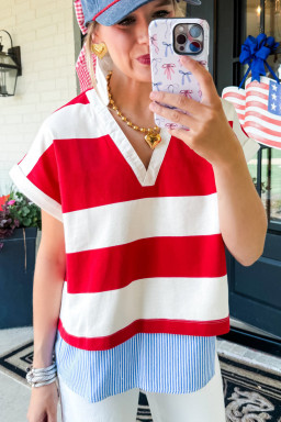 Red Stripe Colorblock Patchwork Short Sleeve Collar Top