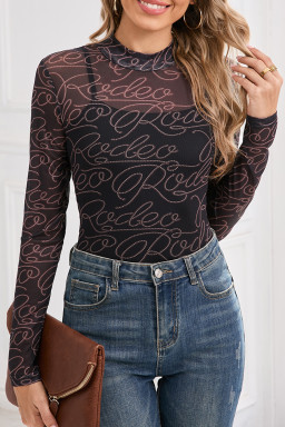 Black Letter Print Mock Neck Long Sleeve Mesh Top