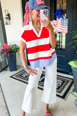 Red Stripe Colorblock Patchwork Short Sleeve Collar Top