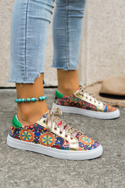 Gold Boho Ethnic Print Lace Up Sneakers