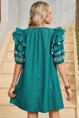 Skobeloff Boho Floral Puff Sleeve Tie Neck Mini Dress