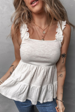 White Crinkled Ruffled Straps Peplum Babydoll Sleeveless Top