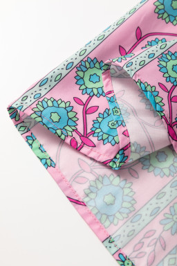 Pink Boho Floral Shirred Short Sleeve Belted Dress