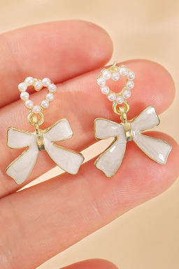 Gold Pearl Heart Shape Bow Knot Dangle Earrings